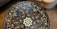 Personalized Black Marble Center Table with Semi-Precious Floral Inlay | Handmade Marquetry Art Furniture for Home Decor Unique Handicrafts IND