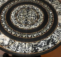 Round Black Marble Dining Table Top – Mother of Pearl Inlay Art – Handmade Stone Table for Home Decor Unique Handicrafts IND