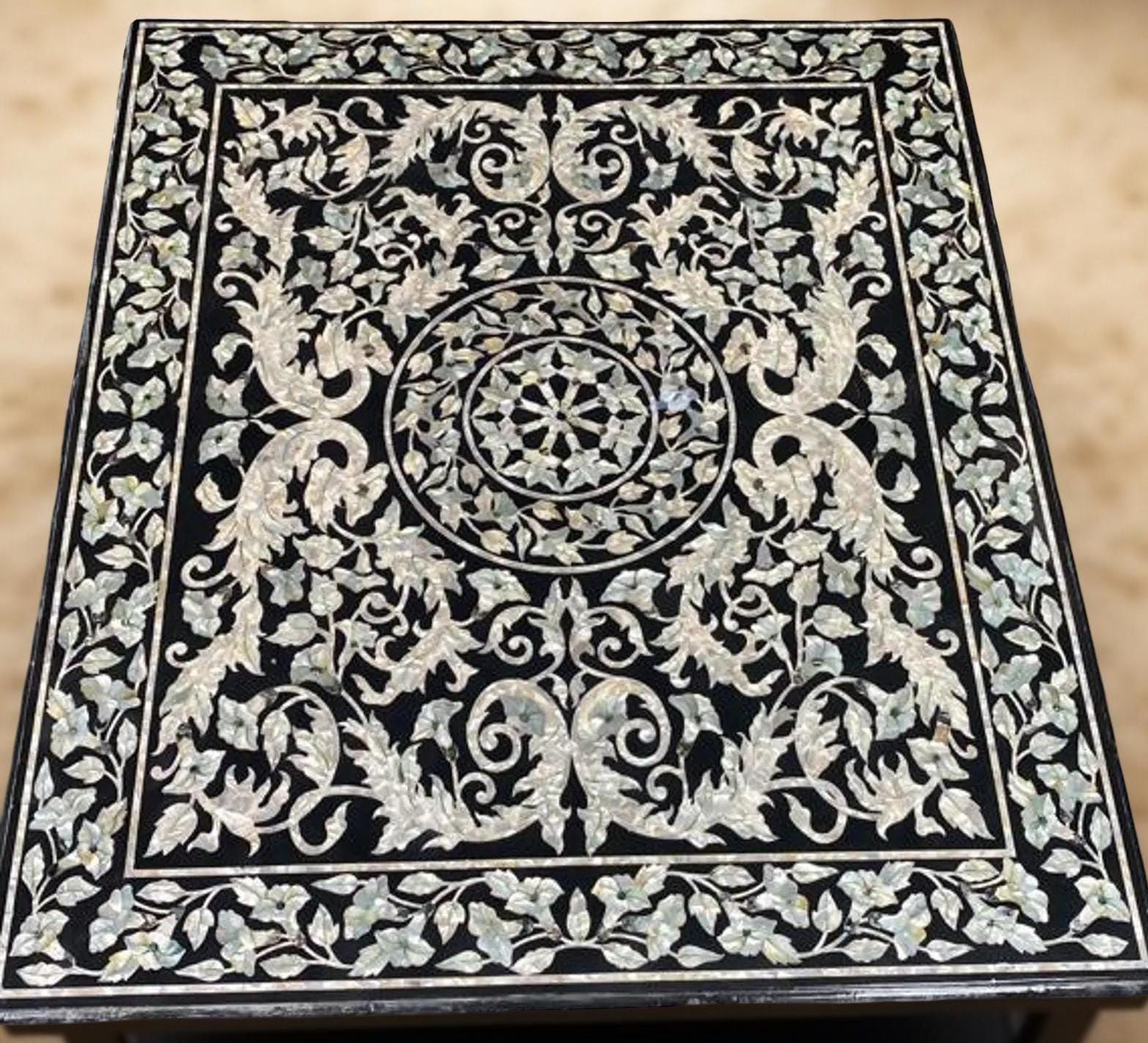 Elegant Marble Inlay Dining Table – MOP Inlaid Black Marble Table Top – Luxury Stone Art  Decor Unique Handicrafts IND