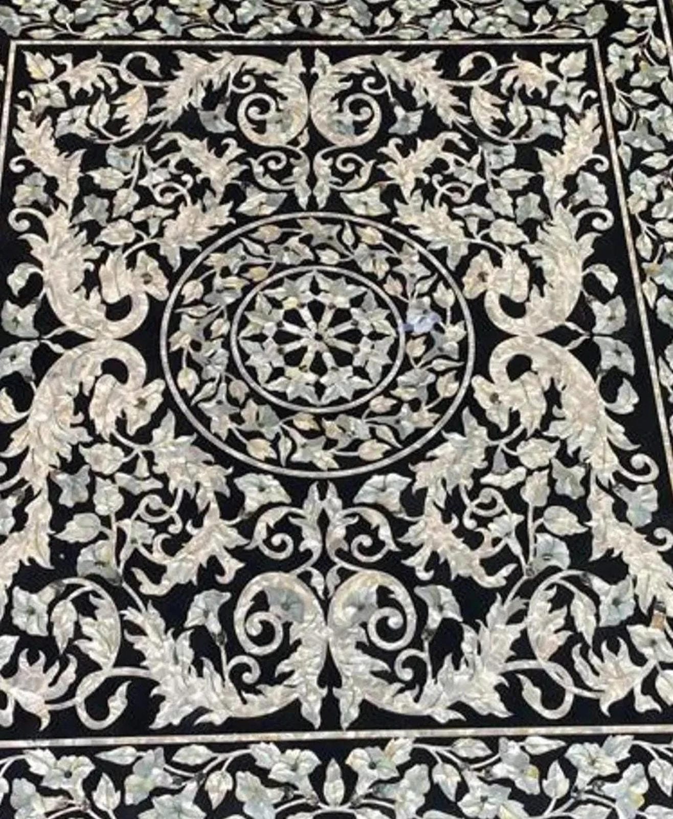 Elegant Marble Inlay Dining Table – MOP Inlaid Black Marble Table Top – Luxury Stone Art  Decor Unique Handicrafts IND