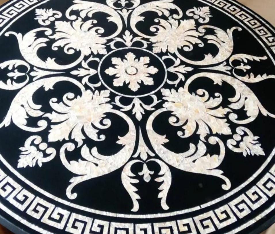 Round Black Marble Coffee Dining Table Top | Handmade Mother of Pearls Inlay Floral Pietra Dura Art | Decorative Gemstone Furniture Unique Handicrafts IND