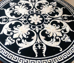 Round Black Marble Coffee Dining Table Top | Handmade Mother of Pearls Inlay Floral Pietra Dura Art | Decorative Gemstone Furniture Unique Handicrafts IND