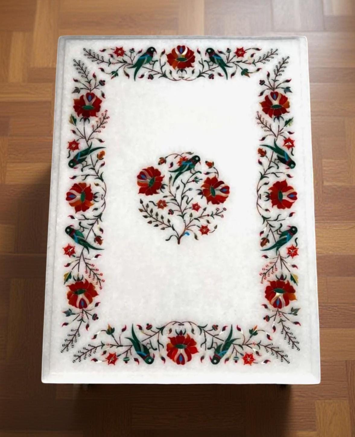White Marble Coffee Table | Handmade Carnelian Inlay | Semi Precious Stone Floral Art | Decorative Interior Furniture | Luxury Home Decor Unique Handicrafts IND