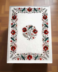 White Marble Coffee Table | Handmade Carnelian Inlay | Semi Precious Stone Floral Art | Decorative Interior Furniture | Luxury Home Decor Unique Handicrafts IND