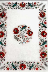 White Marble Coffee Table | Handmade Carnelian Inlay | Semi Precious Stone Floral Art | Decorative Interior Furniture | Luxury Home Decor Unique Handicrafts IND