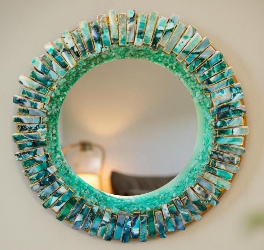 Green Agate Crystal Wall Mirror | Quartz Gemstone Mirror for Home & Office | Handmade Boho Wall Decor | Healing Stone Accent Mirror Gift Unique Handicrafts IND