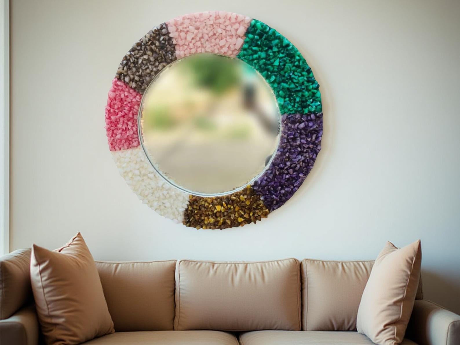Mixed Agate Quartz Wall Mirror | Gemstone Mirror for Home Decor | Handmade Crystal Wall Art | Decorative Stone Accent Mirror Unique Handicrafts IND