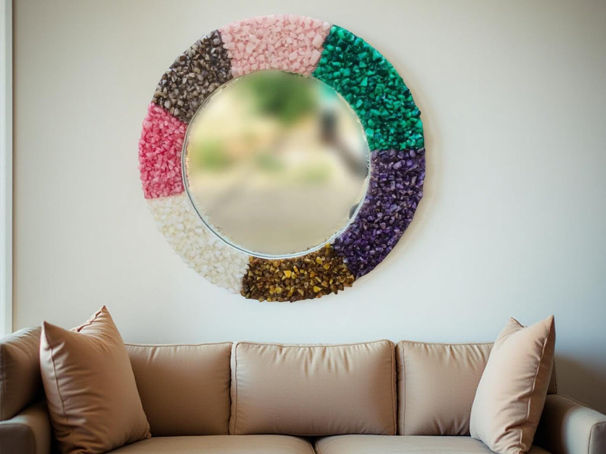 Mixed Agate Quartz Wall Mirror | Gemstone Mirror for Home Decor | Handmade Crystal Wall Art | Decorative Stone Accent Mirror Unique Handicrafts IND