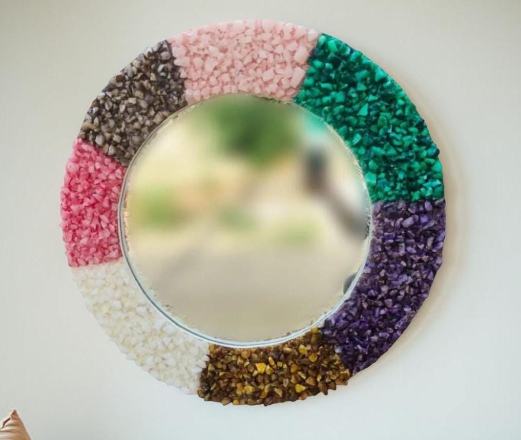 Mixed Agate Quartz Wall Mirror | Gemstone Mirror for Home Decor | Handmade Crystal Wall Art | Decorative Stone Accent Mirror Unique Handicrafts IND