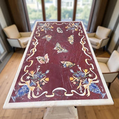 White Marble Dining Table Semi Precious Inlay Butterfly Pietradura Floral Arts Living Room Decor Interior Unique Handicrafts IND