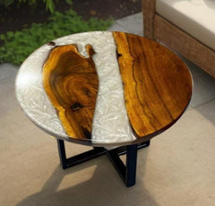 White Epoxy Coffee Table – Round Wood Resin Table – Handmade Rustic Modern Epoxy Furniture – Living Room Personalized Gift Unique Handicrafts IND