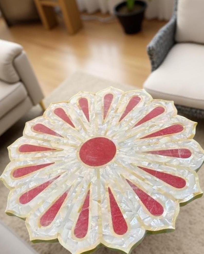 Mother of Pearl & Rose Quartz Coffee Table | Flower Shape Handmade Inlay Stone Art | Luxury Gemstone Furniture for Interior Decor Unique Handicrafts IND