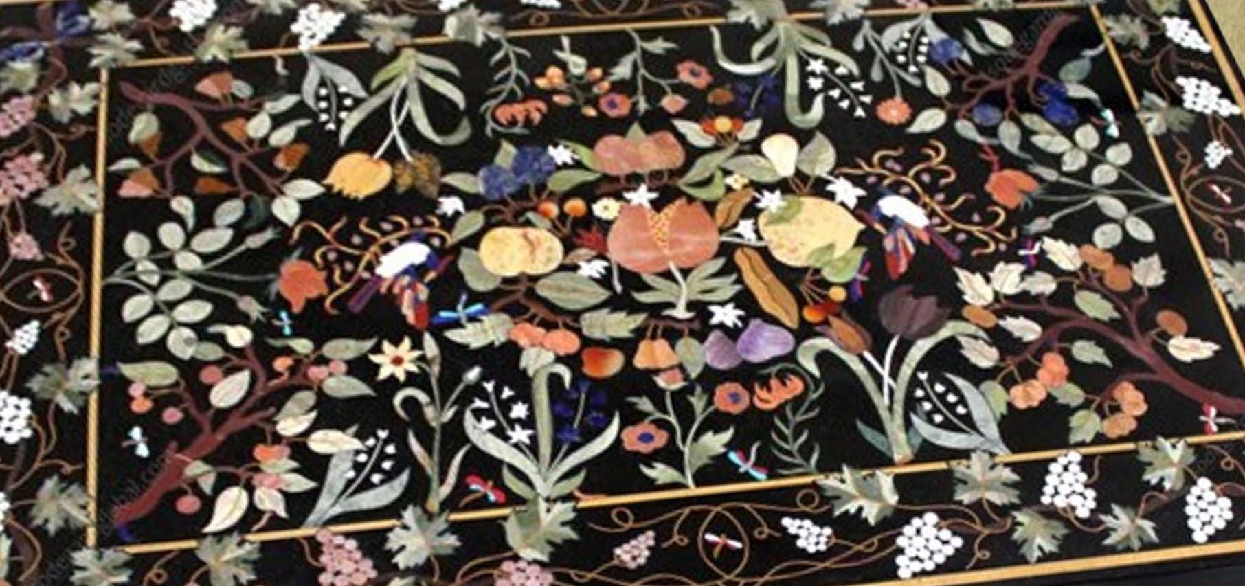 Black Marble Coffee Table Top – Semi Precious Inlay Fruits & Floral Pietradura Art – Handmade Luxury Home Décor Furniture Unique Handicrafts IND