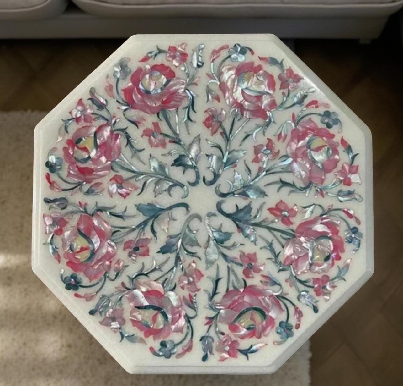 White Marble Side Table Top – Rose Quartz Inlay Floral Pietra Dura Art – Semi-Precious Handmade Decor – Wedding Gift for Her Unique Handicrafts IND