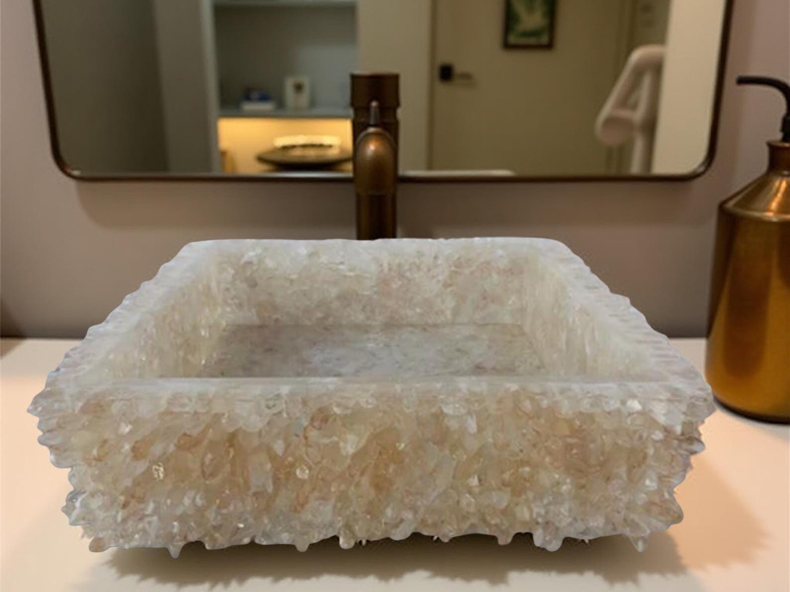 Custom Quartz Sink with Integrated Countertop – Bathroom Vanity Top, Vessel Sink, Quartz Vanity – Made to Order Bathroom Decor Unique Handicrafts IND