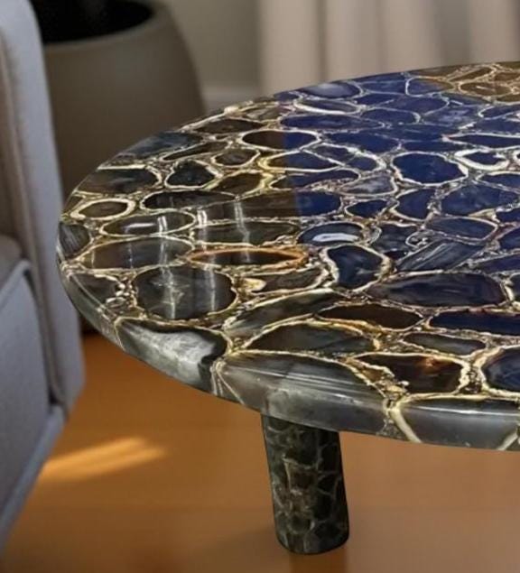 Elegant Black Agate Coffee Table Round with Stand | Mid Century Modern Handmade Stone Table | Luxury Gemstone Furniture for Home Decor Unique Handicrafts IND