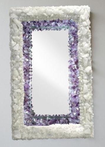 White Quartz & Amethyst Stone Wall Hanging Mirror | Handmade Gemstone Mirror for Home Decor | Luxury Crystal Wall Art for Interior Design Unique Handicrafts IND