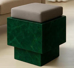 Natural Green Stone Marble Stool – Natural Handmade Accent Cube with Cushion | Luxury Minimalist Décor Unique Handicrafts IND