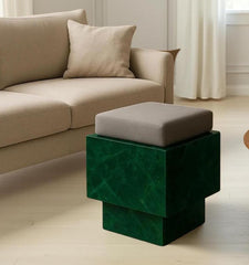Natural Green Stone Marble Stool – Natural Handmade Accent Cube with Cushion | Luxury Minimalist Décor Unique Handicrafts IND