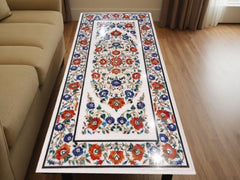 Luxury White Marble Floral Inlay Table Top – Carnelian Semi Precious Pietra Dura Art | Center Table Home Decor Unique Handicrafts IND