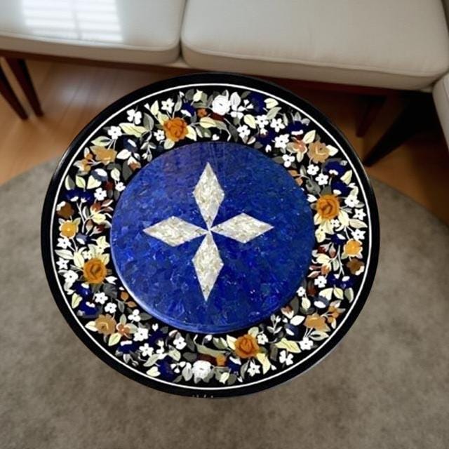 Black Marble Round Table with Lapis Lazuli Star Inlay, Semi Precious Pietradura Art Table, Handmade Home & Office Decor Gifts For Her Unique Handicrafts IND