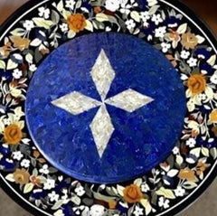 Black Marble Round Table with Lapis Lazuli Star Inlay, Semi Precious Pietradura Art Table, Handmade Home & Office Decor Gifts For Her Unique Handicrafts IND