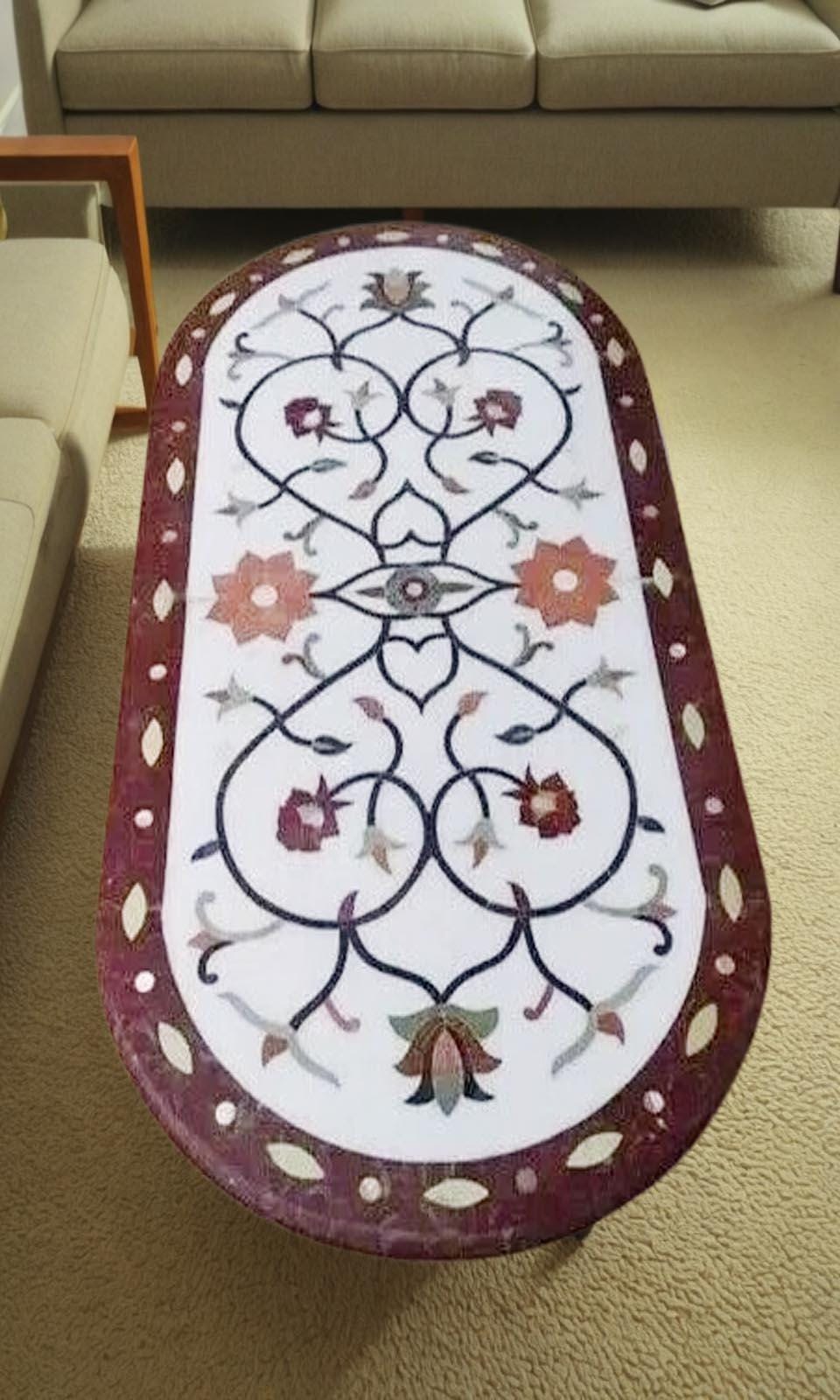 Black Marble Oval Table, Semi Precious Stone Inlay, Italian Pietra Dura Art, Handmade Luxury Furniture for Home Decor Unique Handicrafts IND