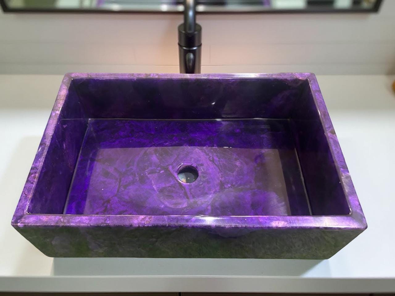 Amyhtehst Natural Stones Wash Basin  , Purple Amyhtehst Stone Sink Wash Basin Counter Top Random Amethyst Stone ,Bathroom & kitchen Décor Unique Handicrafts IND