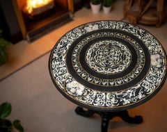 Round Black Marble Dining Table Top – Mother of Pearl Inlay Art – Handmade Stone Table for Home Decor Unique Handicrafts IND