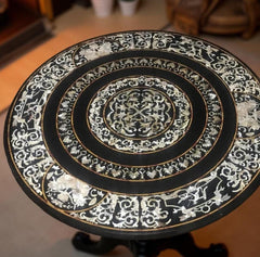 Round Black Marble Dining Table Top – Mother of Pearl Inlay Art – Handmade Stone Table for Home Decor Unique Handicrafts IND