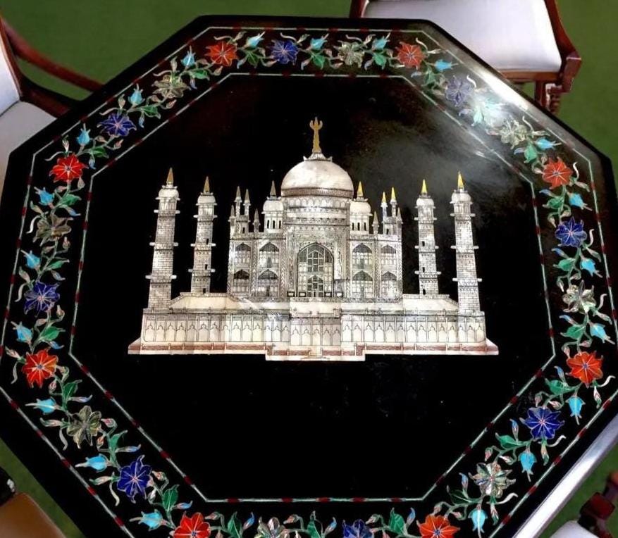 Luxury Black Marble Center Table – Taj Mahal Mother of Pearl Inlay Art – Handmade Furniture for Gift Unique Handicrafts IND
