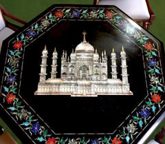 Luxury Black Marble Center Table – Taj Mahal Mother of Pearl Inlay Art – Handmade Furniture for Gift Unique Handicrafts IND