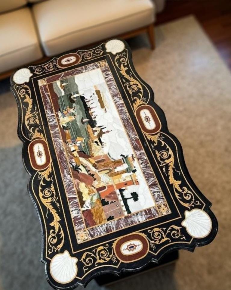 Handcrafted Black Marble Coffee Table – Semi-Precious Italian Village Art – Home Interior Unique Handicrafts IND