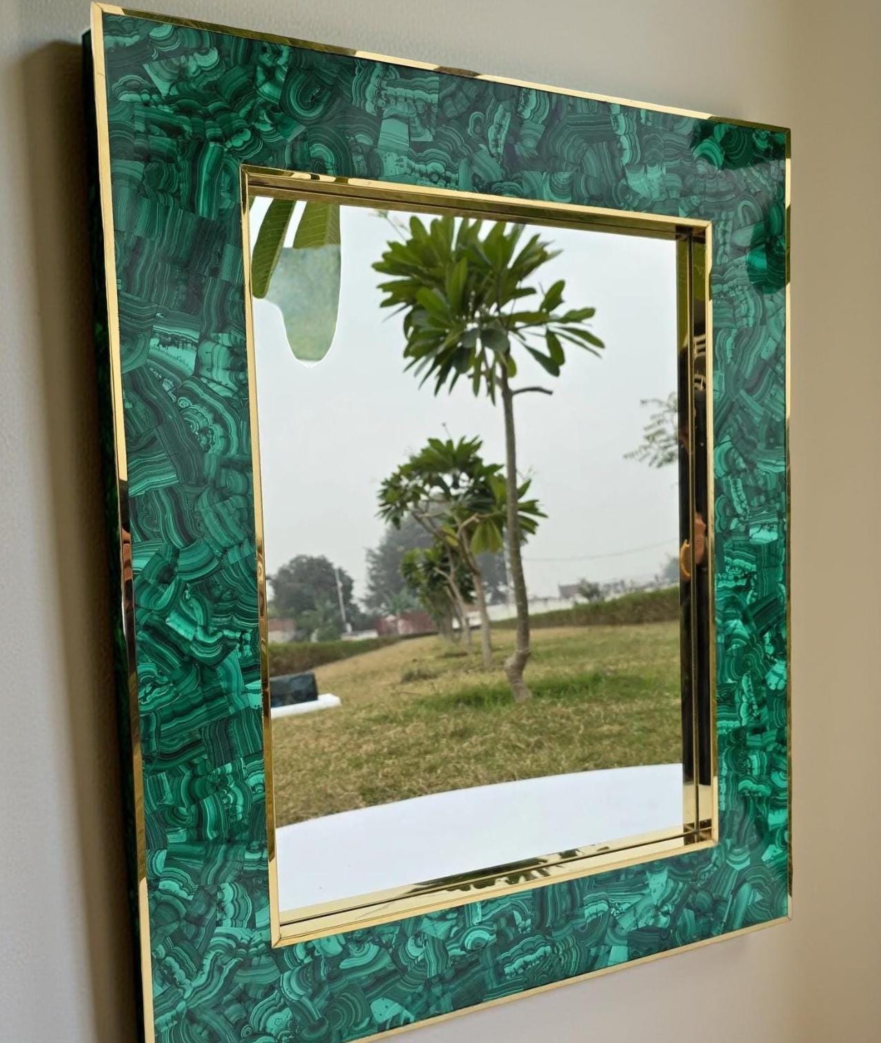 Natural Malachite Rectangular Wall Mirror – Crystal Frame – Custom Bathroom & Living Room Decor Unique Handicrafts IND