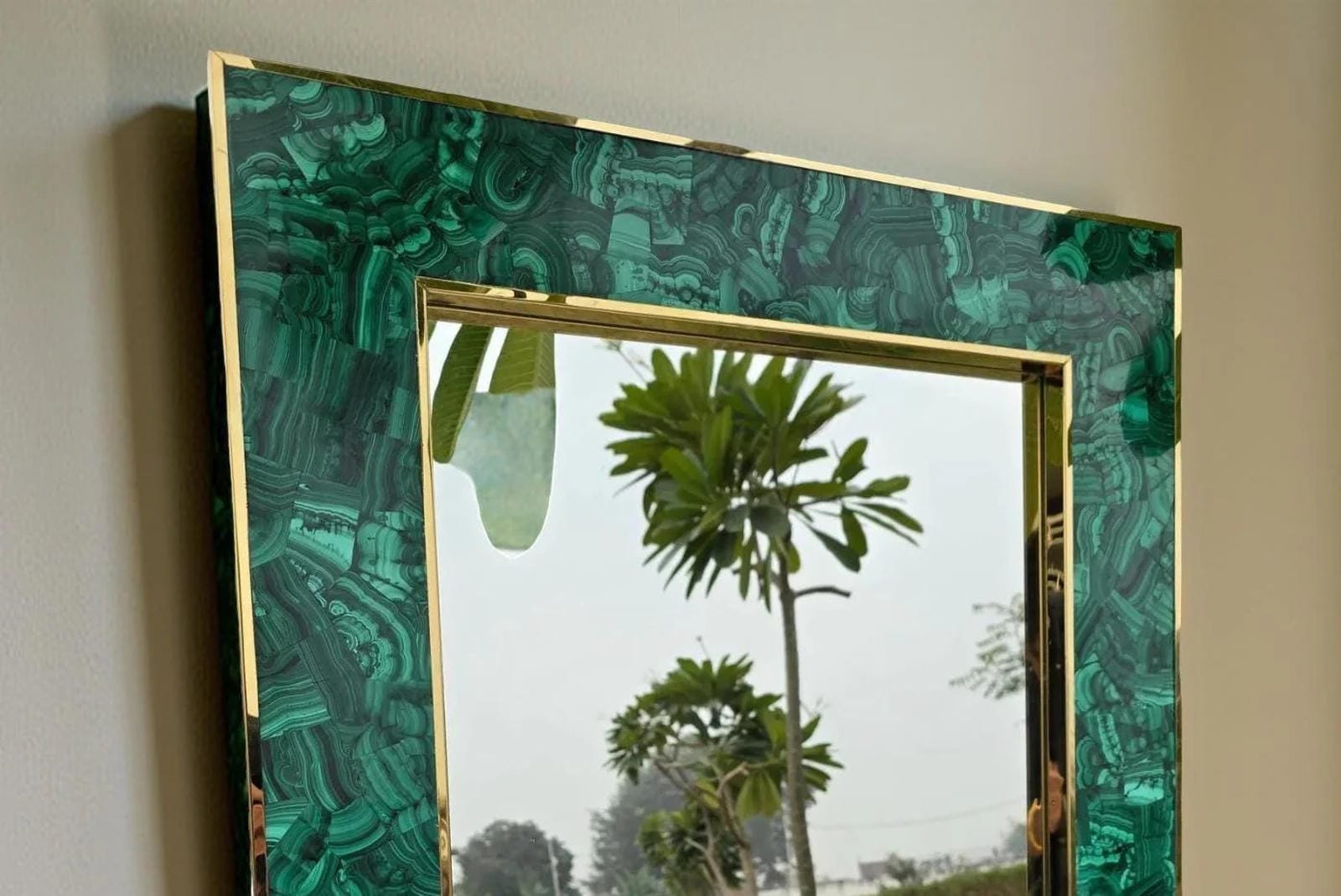 Natural Malachite Rectangular Wall Mirror – Crystal Frame – Custom Bathroom & Living Room Decor Unique Handicrafts IND