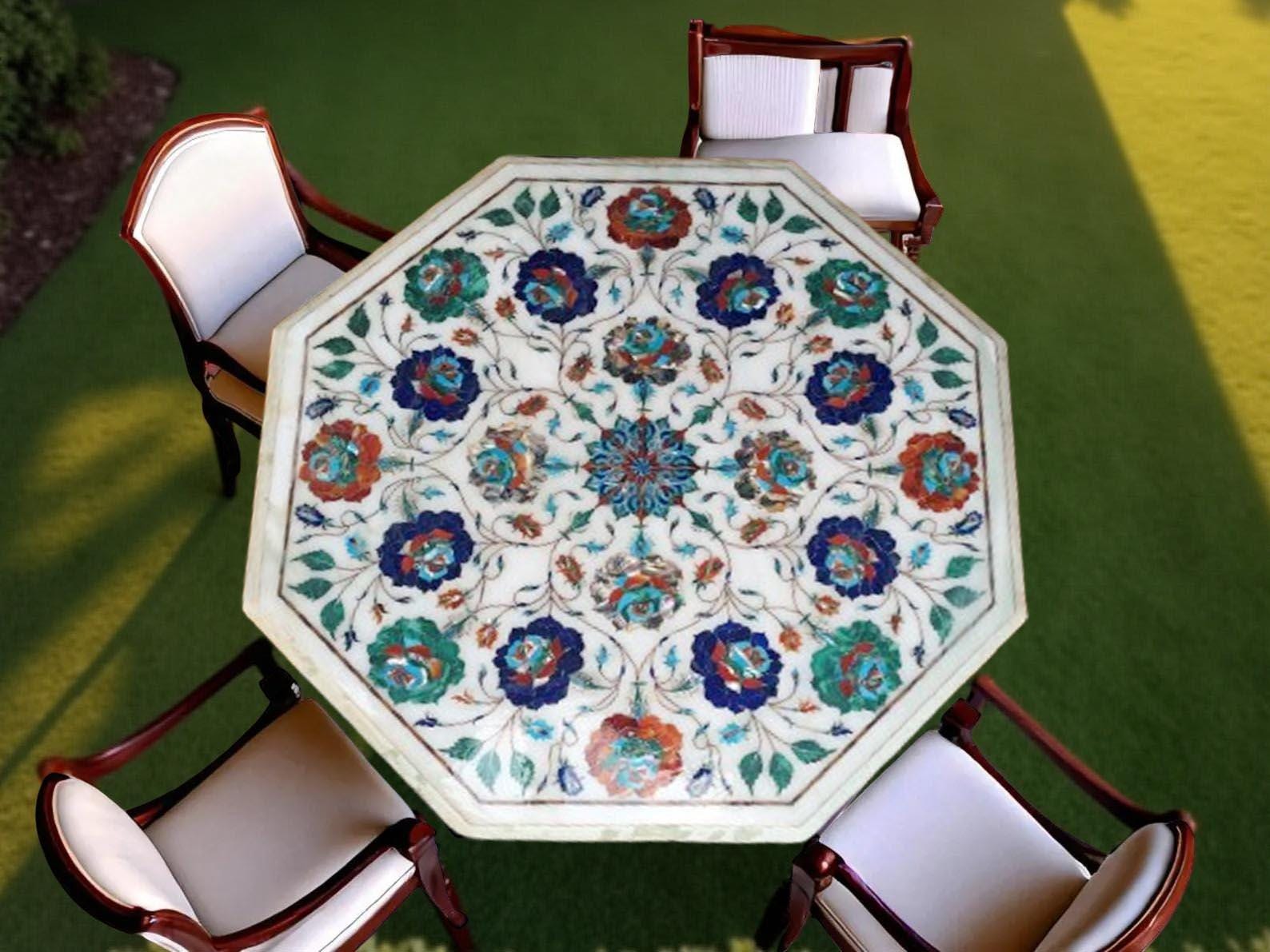 White Marble Inlay Table Top – Semi Precious Stone Marquetry Floral Art – Handmade Home Decor Interior Accent Unique Handicrafts IND