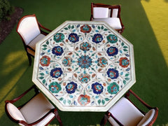 White Marble Inlay Table Top – Semi Precious Stone Marquetry Floral Art – Handmade Home Decor Interior Accent Unique Handicrafts IND