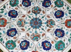 White Marble Inlay Table Top – Semi Precious Stone Marquetry Floral Art – Handmade Home Decor Interior Accent Unique Handicrafts IND