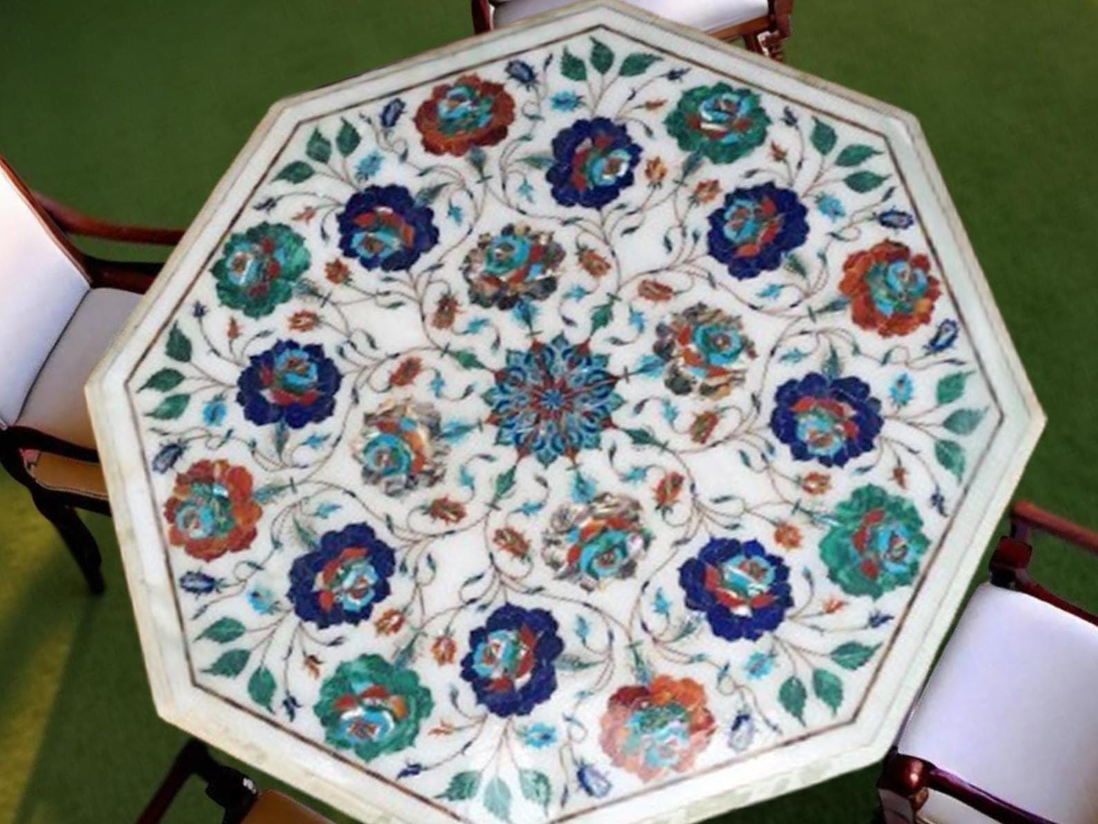 White Marble Inlay Table Top – Semi Precious Stone Marquetry Floral Art – Handmade Home Decor Interior Accent Unique Handicrafts IND