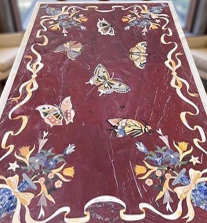 White Marble Dining Table Semi Precious Inlay Butterfly Pietradura Floral Arts Living Room Decor Interior Unique Handicrafts IND