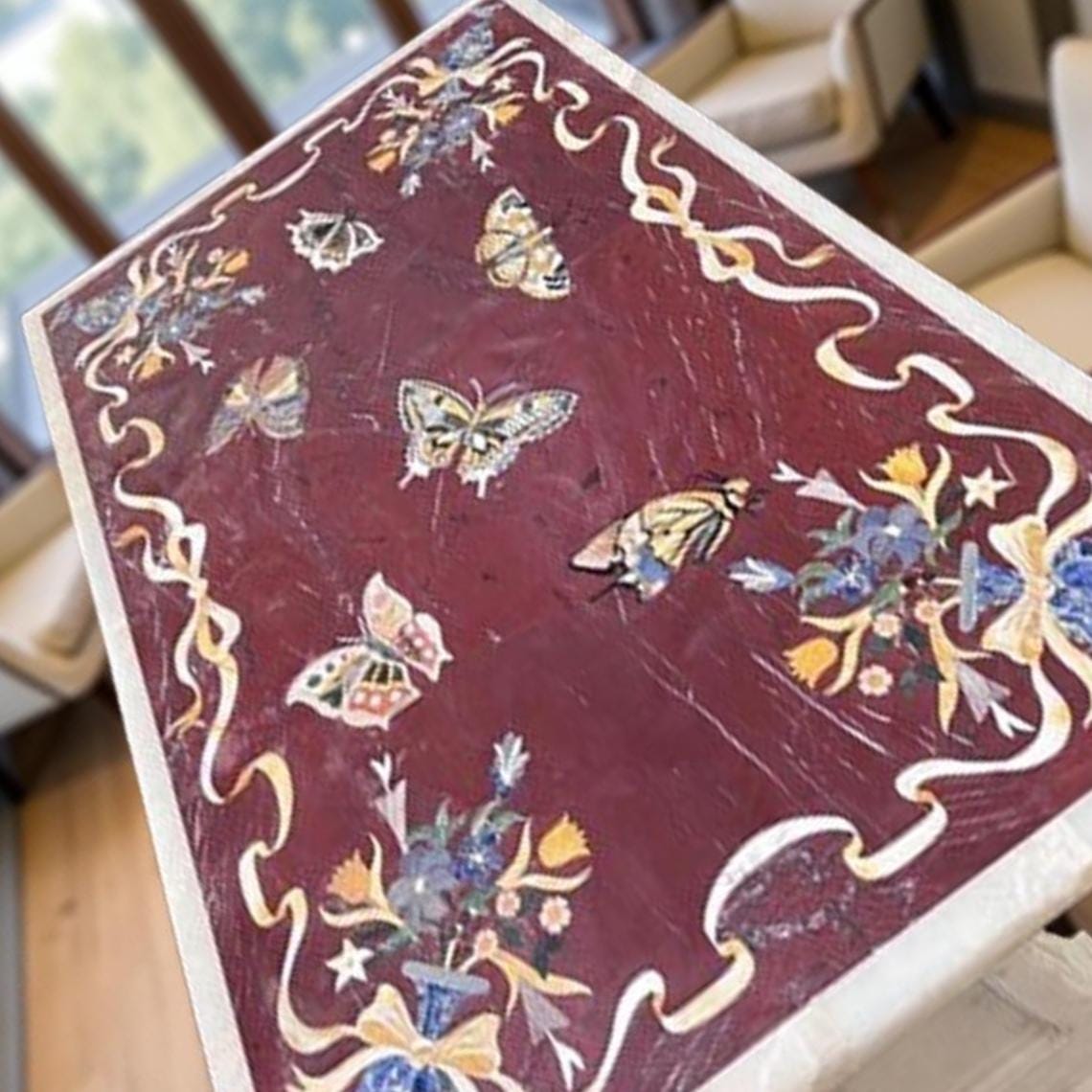 White Marble Dining Table Semi Precious Inlay Butterfly Pietradura Floral Arts Living Room Decor Interior Unique Handicrafts IND