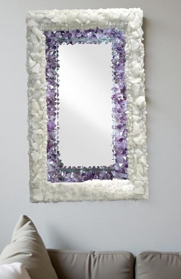 White Quartz & Amethyst Stone Wall Hanging Mirror | Handmade Gemstone Mirror for Home Decor | Luxury Crystal Wall Art for Interior Design Unique Handicrafts IND