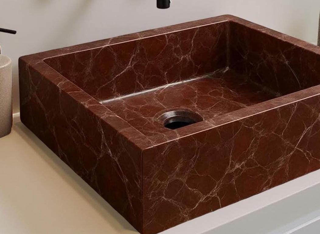 Rectangular Rosso Levanto Marble Sink | Solid Stone Bathroom Basin, Italian Kitchen & Utility Sink, Vessel For Bathroom Decor Interior Unique Handicrafts IND