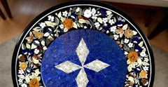 Black Marble Round Table with Lapis Lazuli Star Inlay, Semi Precious Pietradura Art Table, Handmade Home & Office Decor Gifts For Her Unique Handicrafts IND