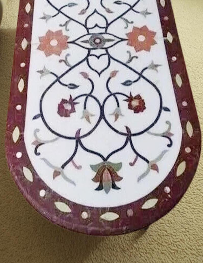 Black Marble Oval Table, Semi Precious Stone Inlay, Italian Pietra Dura Art, Handmade Luxury Furniture for Home Decor Unique Handicrafts IND