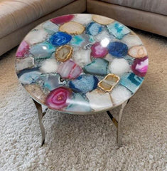 Handmade Agate Tabletop | Coffee, Center, Side, or Dining Table | Natural Stone with Wooden Stand | Unique Home Decor Furniture Unique Handicrafts IND