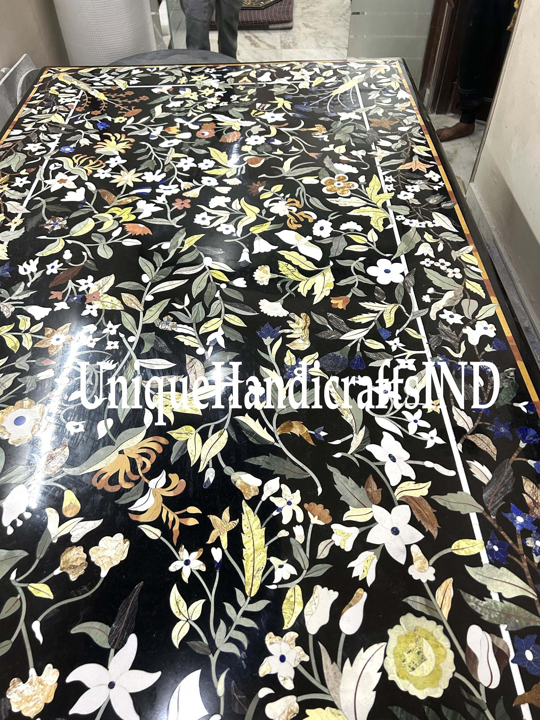 Pietra Dura Table, Black Marble Table, semi precious floral inlay work, Home Décor & Office Furniture, coffee cafe table, Marble furniture Unique Handicrafts IND