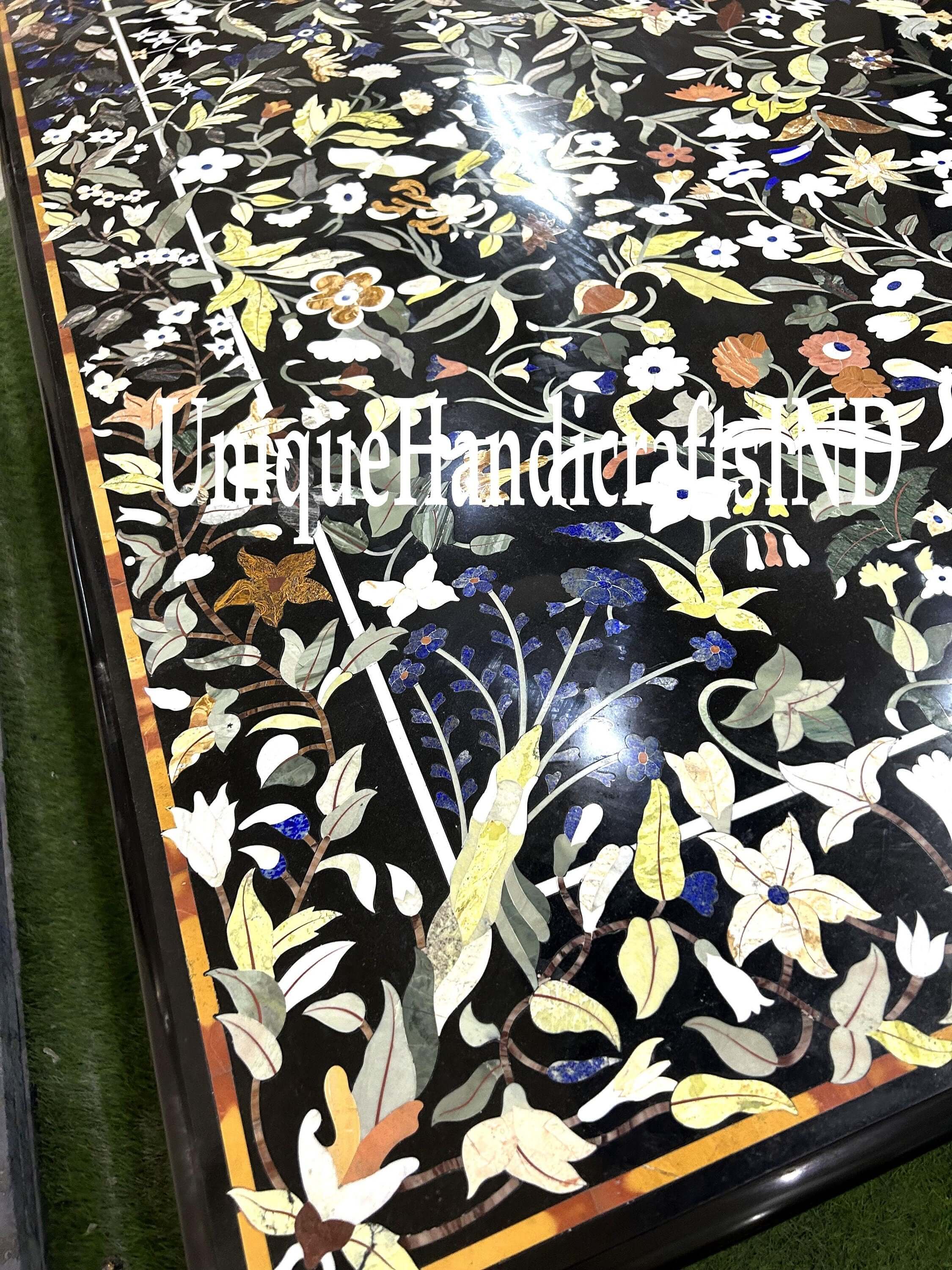 Pietra Dura Table, Black Marble Table, semi precious floral inlay work, Home Décor & Office Furniture, coffee cafe table, Marble furniture Unique Handicrafts IND